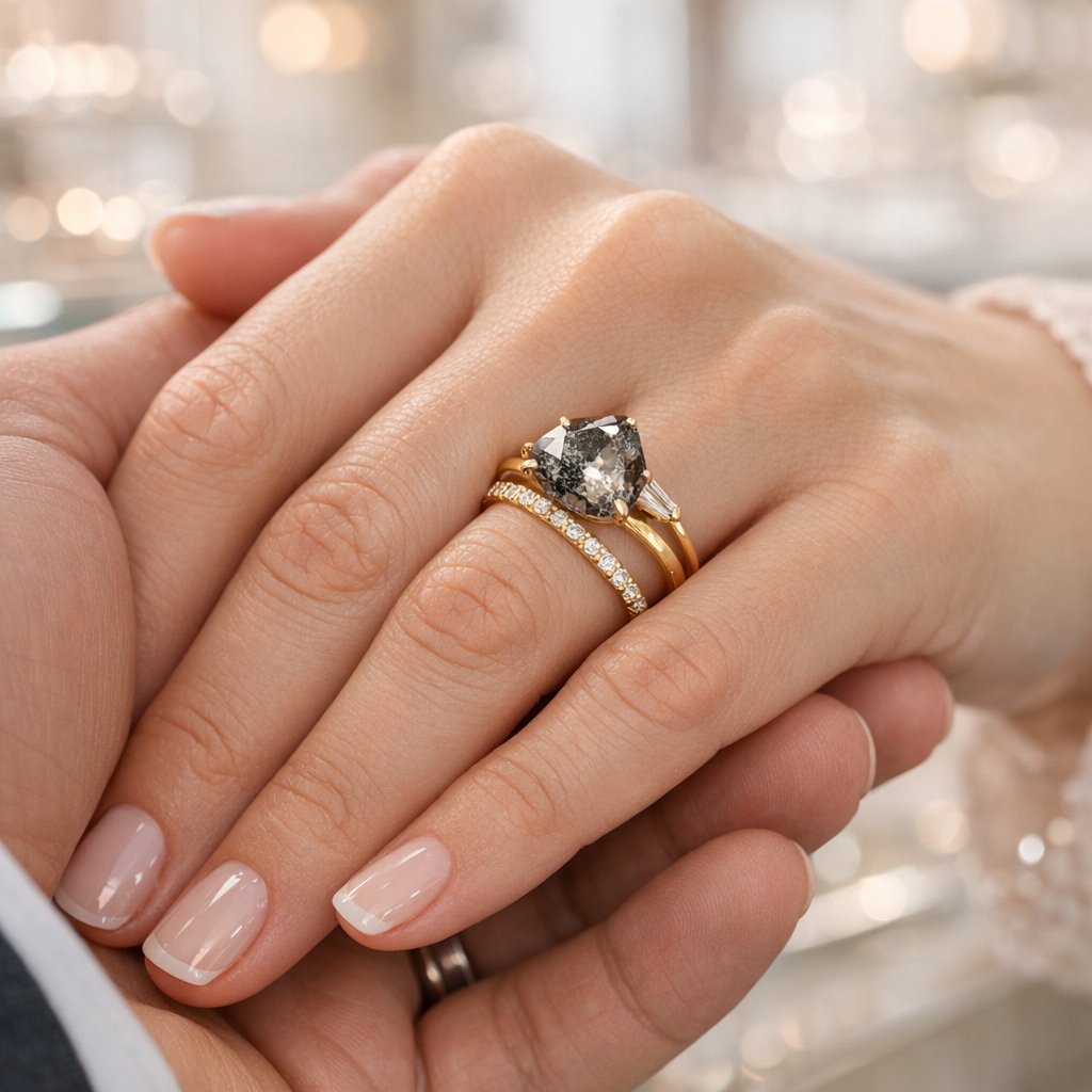 A beautifully styled flat lay showing a unique non-traditional engagement ring with a morganite center stone paired with two different contour wedding bands, on a soft fabric background.