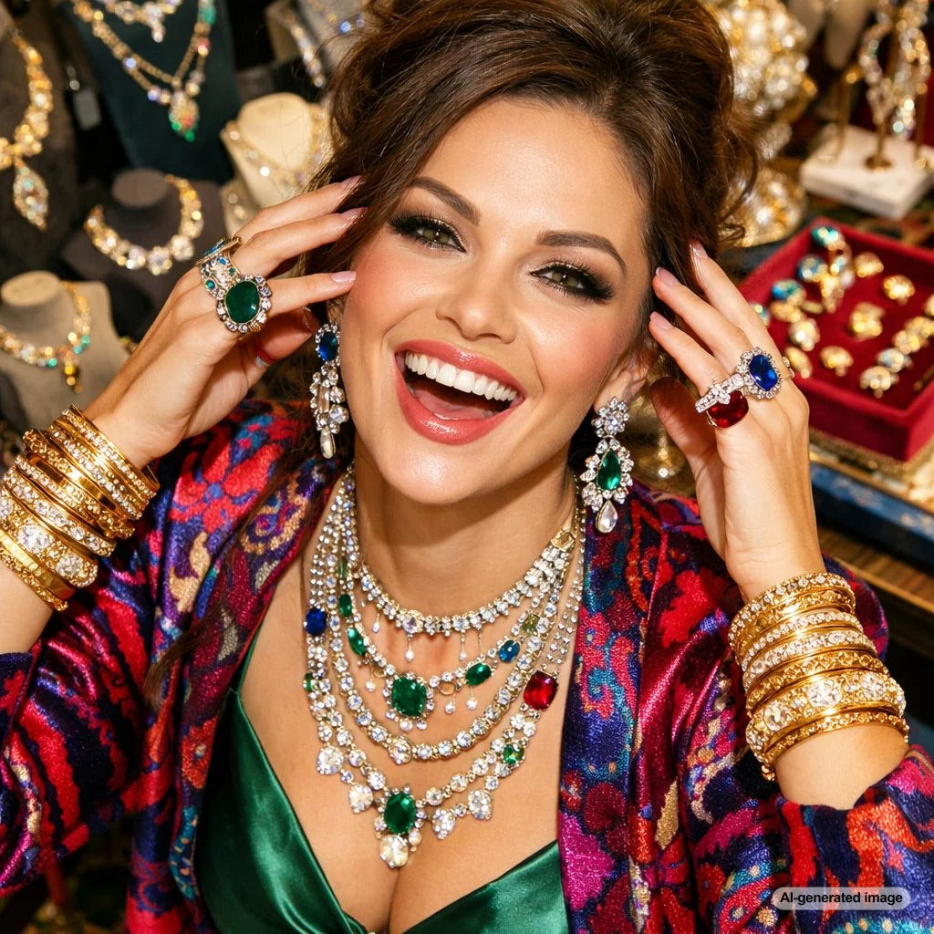 A woman's hands elegantly displaying a maximalist stack of gold and diamond rings, bracelets, and a stylish watch, embodying the bold and layered jewelry trend.