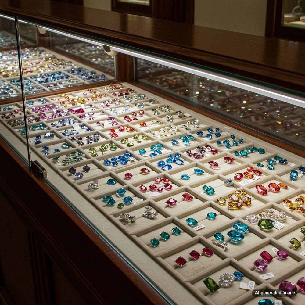 Colorful assortment of sapphire, ruby, and emerald gemstones in various jewelry settings