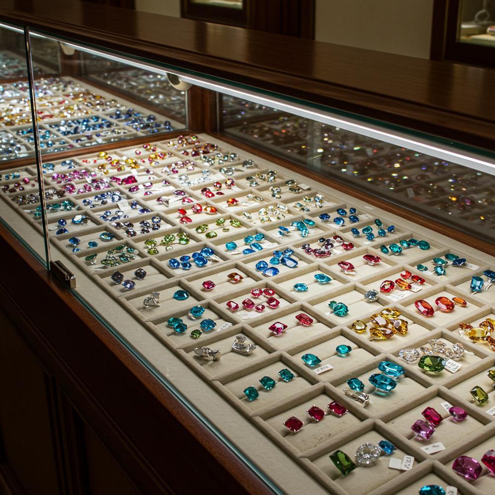 Colorful assortment of sapphire, ruby, and emerald gemstones in various jewelry settings