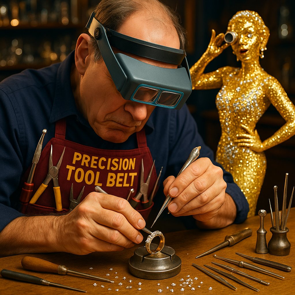 Close-up view of a master jeweler's hands performing micro-pave diamond setting under a microscope at Robinson's Jewelers
