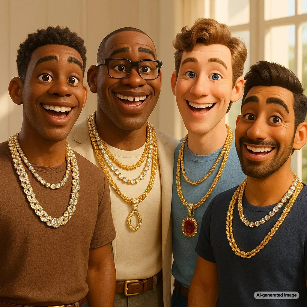 Various men's gold and silver chains displayed from subtle to bold styles