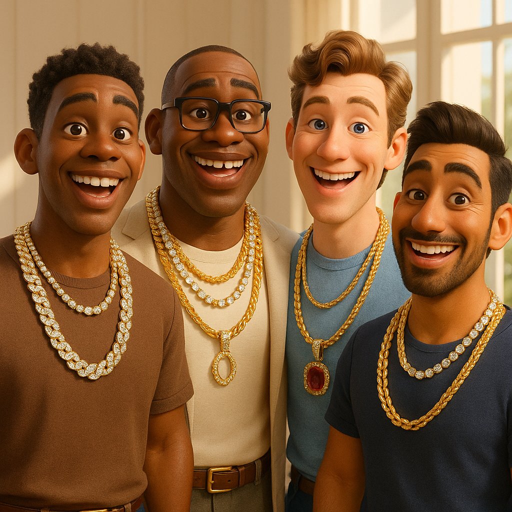 Various men's gold and silver chains displayed from subtle to bold styles