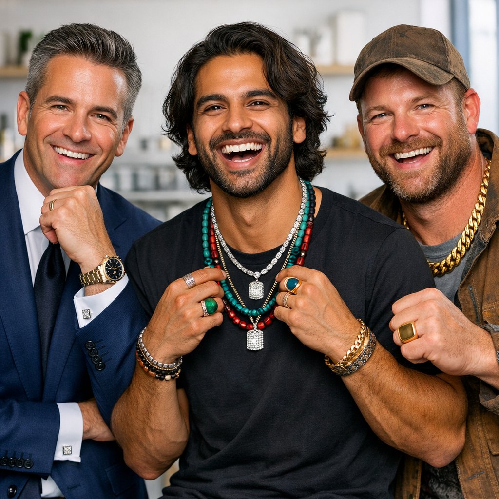 A curated collection of men's jewelry including a modern watch, a signet ring, a leather bracelet, and a gold chain, styled on a dark surface, representing styles for different professions.