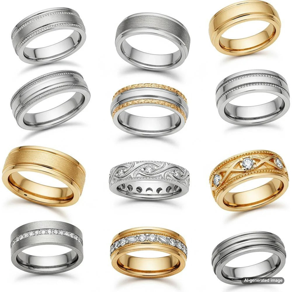 A stylish collection of men's popular wedding rings featuring gold, platinum, tungsten, and diamond-accented bands.