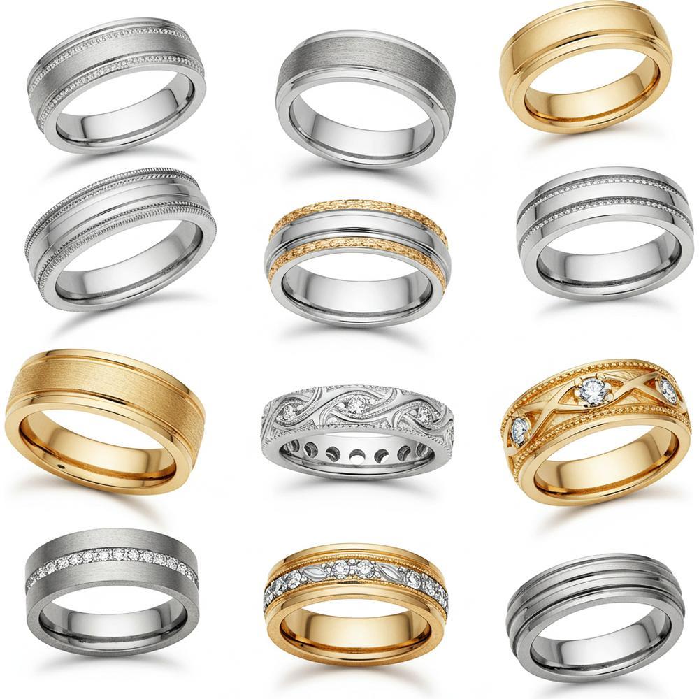 A stylish collection of men's popular wedding rings featuring gold, platinum, tungsten, and diamond-accented bands.