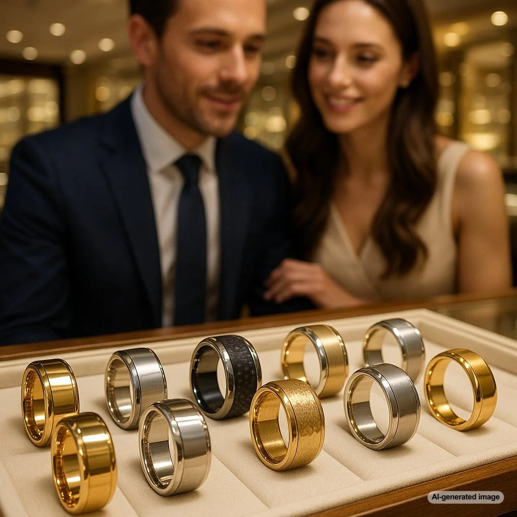 A diverse collection of men's wedding bands showcasing materials from classic yellow gold to modern black carbon fiber and tungsten, arranged on a dark textured surface.