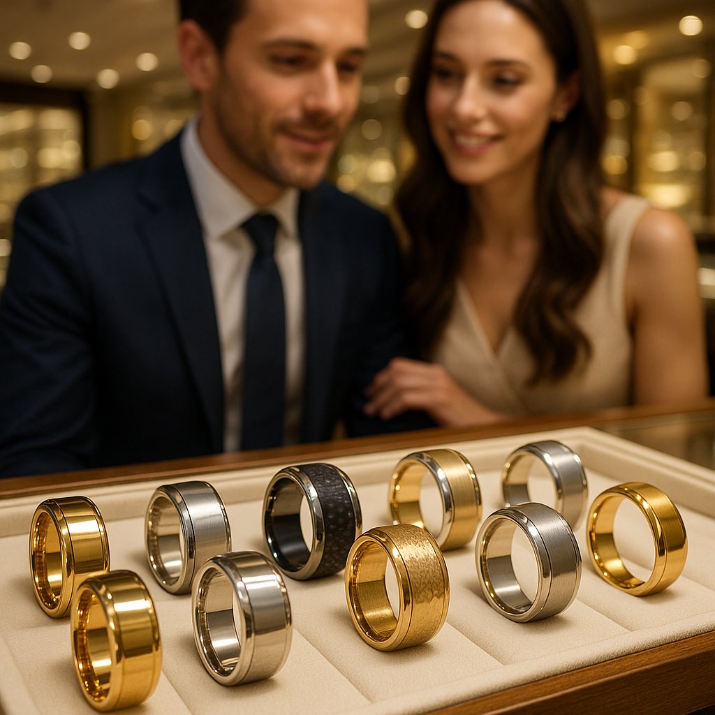 A diverse collection of men's wedding bands showcasing materials from classic yellow gold to modern black carbon fiber and tungsten, arranged on a dark textured surface.