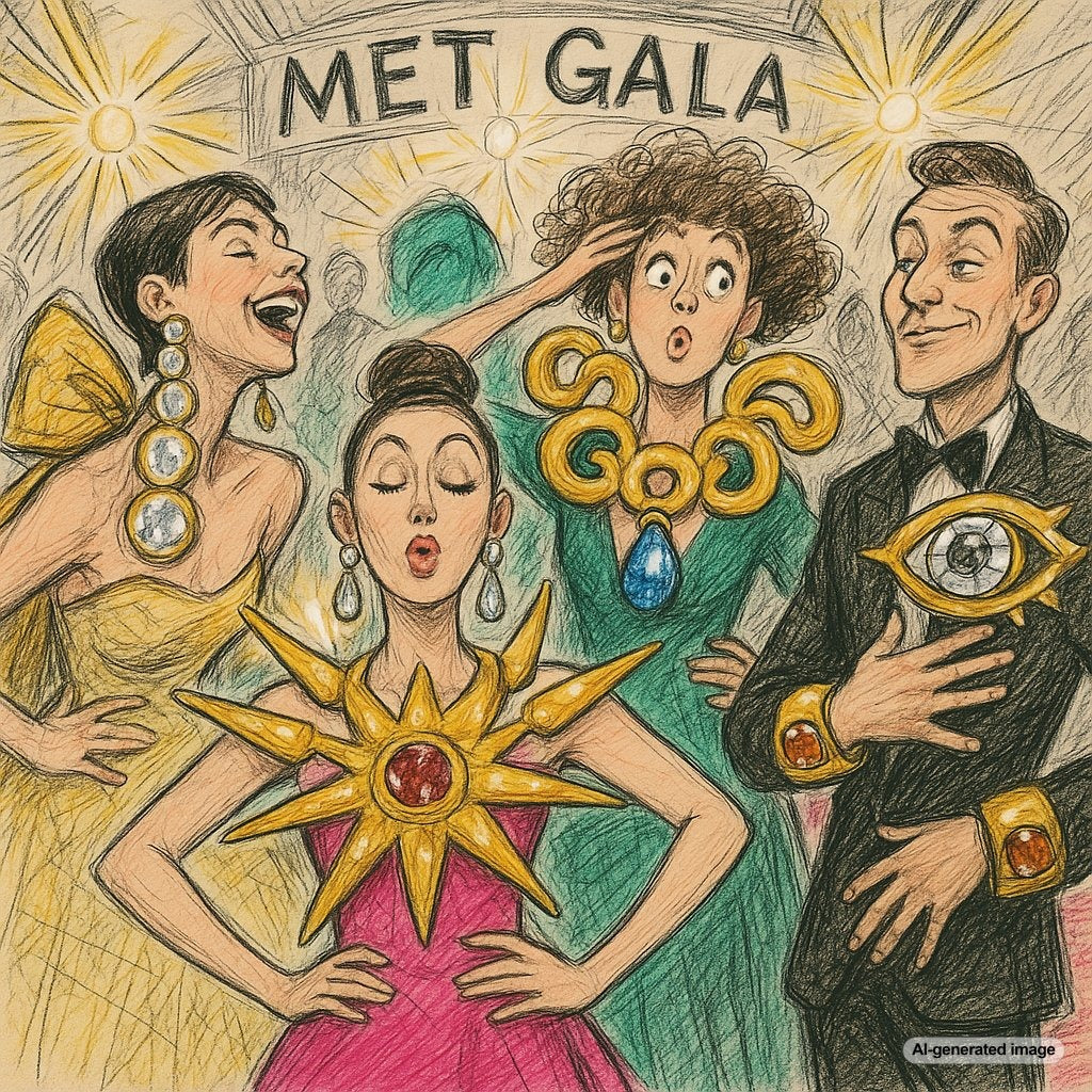 Met Gala jewelry trends featuring bold statement necklaces, oversized earrings, and dramatic cocktail rings