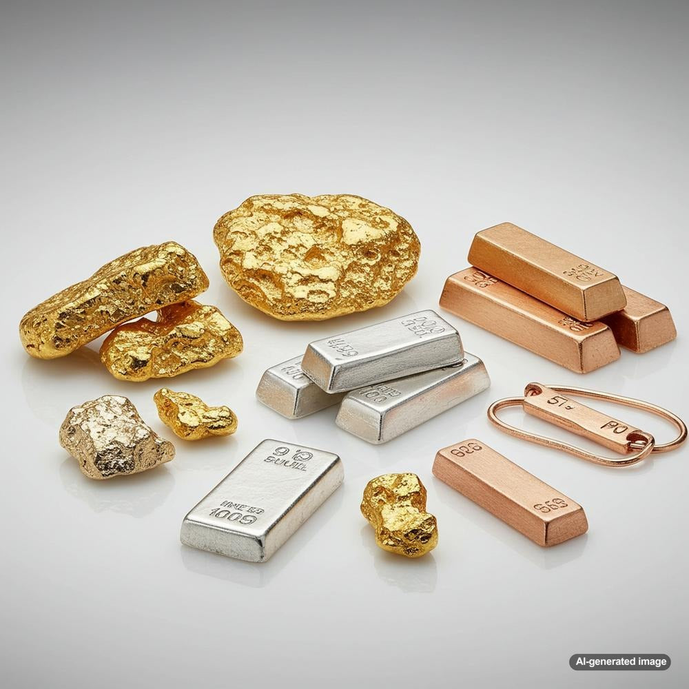 Close-up of various jewelry metals including gold, platinum, and silver, showcasing their unique textures and finishes.