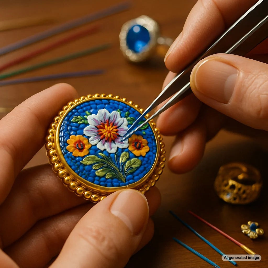 Stunning micromosaic jewelry piece showing intricate floral design created with colorful glass threads