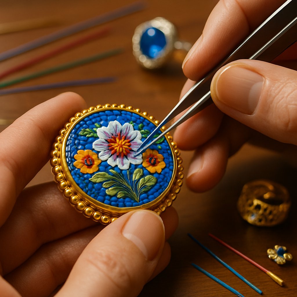 Stunning micromosaic jewelry piece showing intricate floral design created with colorful glass threads
