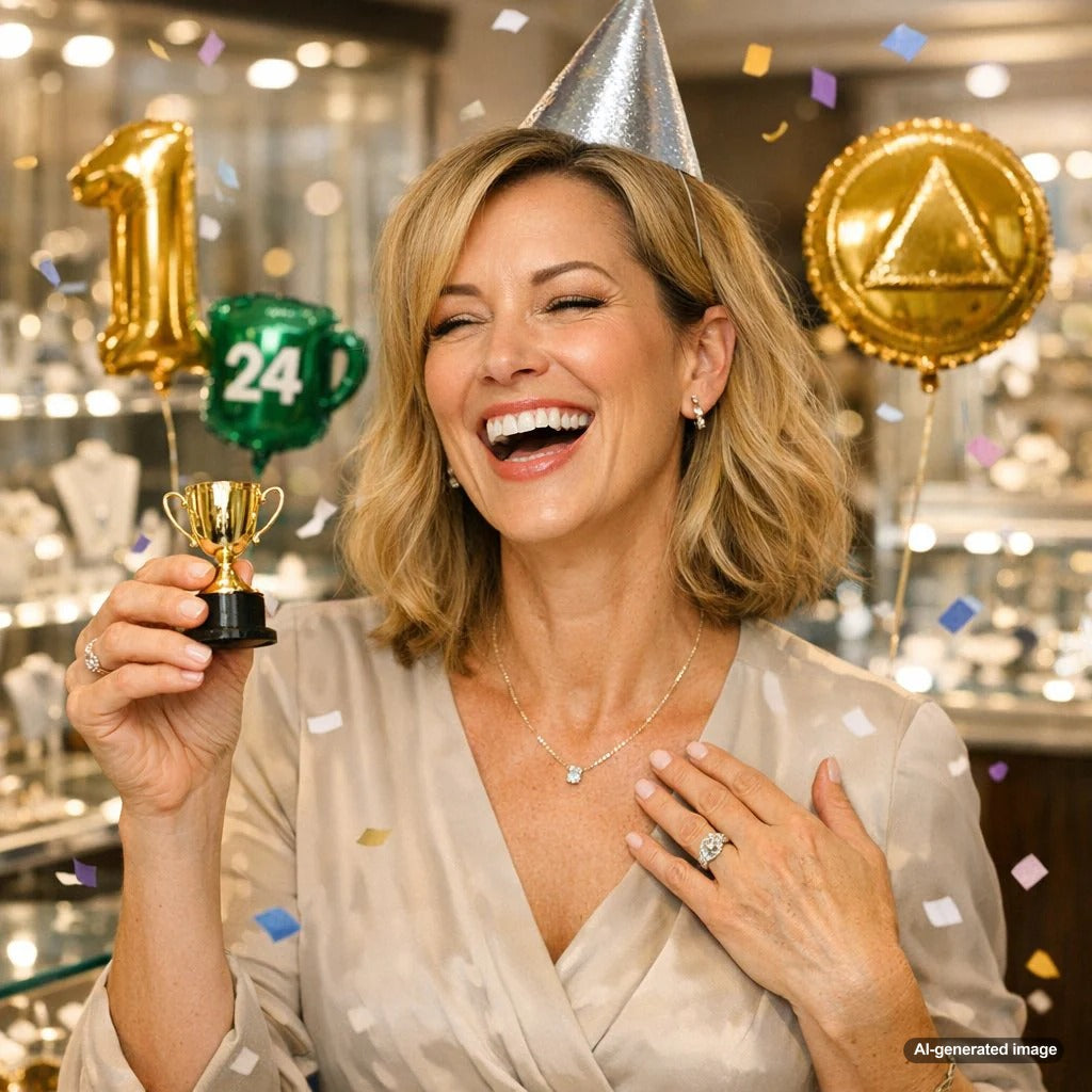 A collection of milestone jewelry including rings, necklaces, and bracelets symbolizing sobriety, promotion, and recovery milestones arranged on a light background.