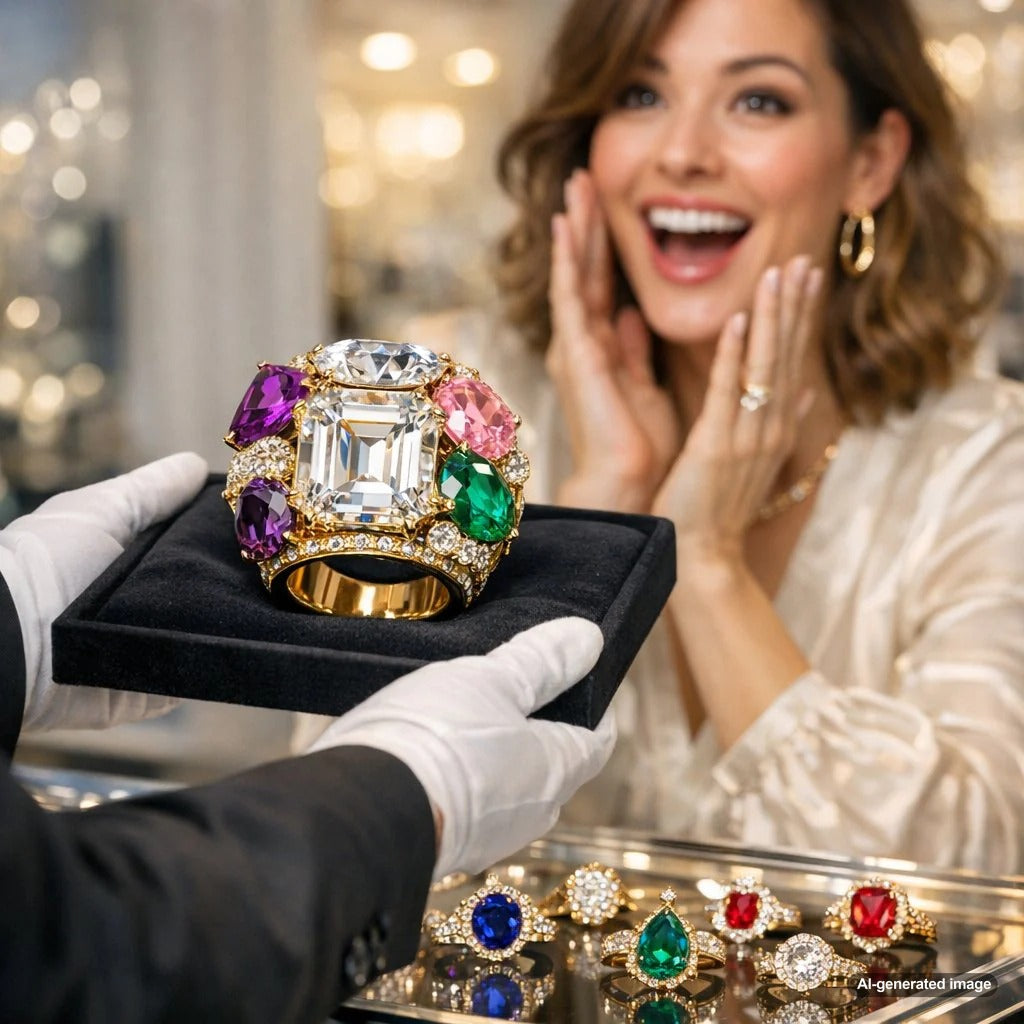 Mixed-cut gemstone ring combining brilliant, step, and rose cuts, showcasing unique sparkle and design from Robinson's Jewelers.