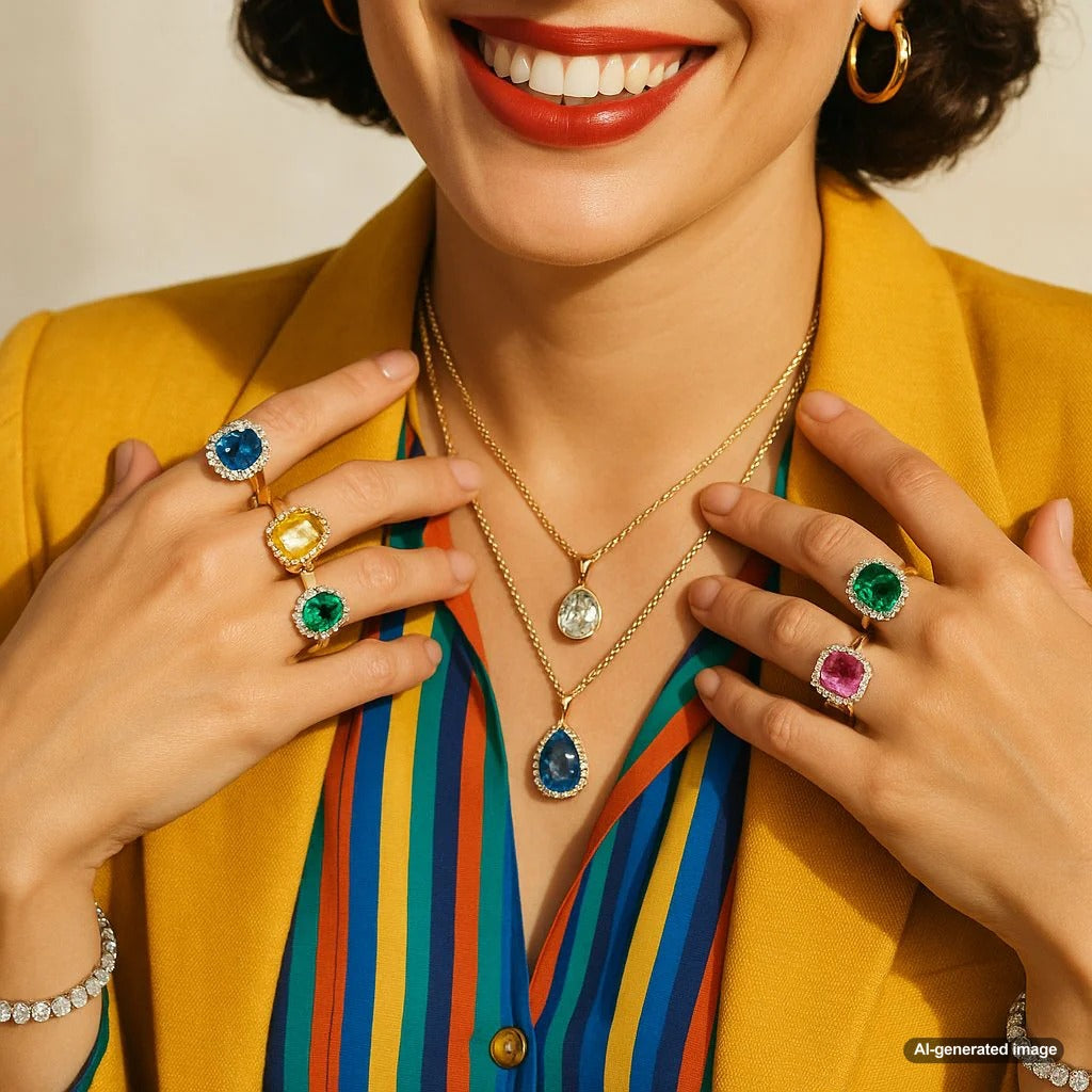 Stylish layered necklace mixing gold and silver metals with various gemstones including diamonds, sapphires, and pearls