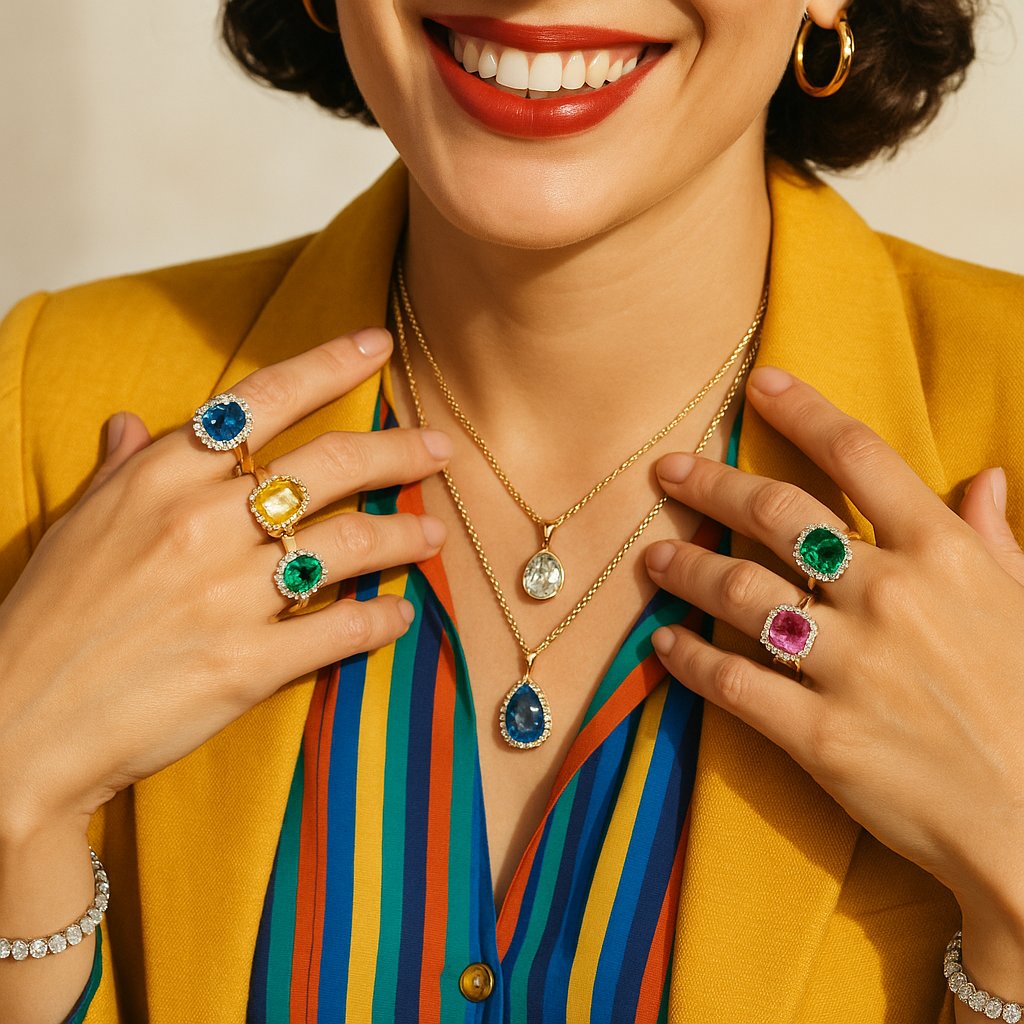 Stylish layered necklace mixing gold and silver metals with various gemstones including diamonds, sapphires, and pearls