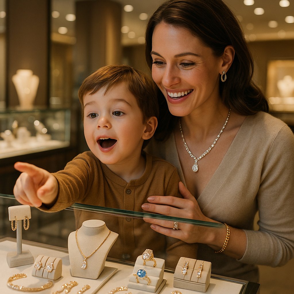 A curated collection of modern heirloom jewelry pieces for children including bracelets, necklaces, and rings