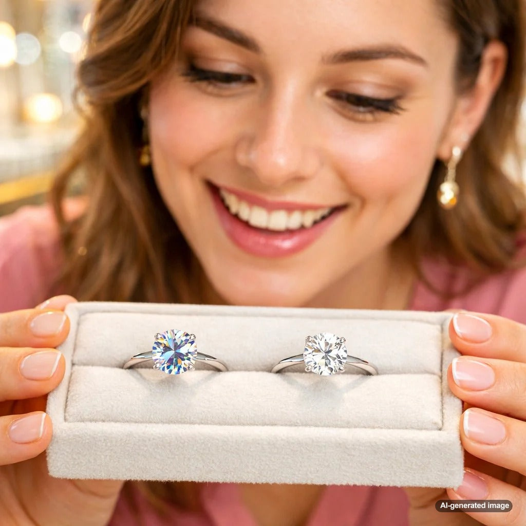 Close-up comparison of a moissanite ring and a diamond ring sparkling under light
