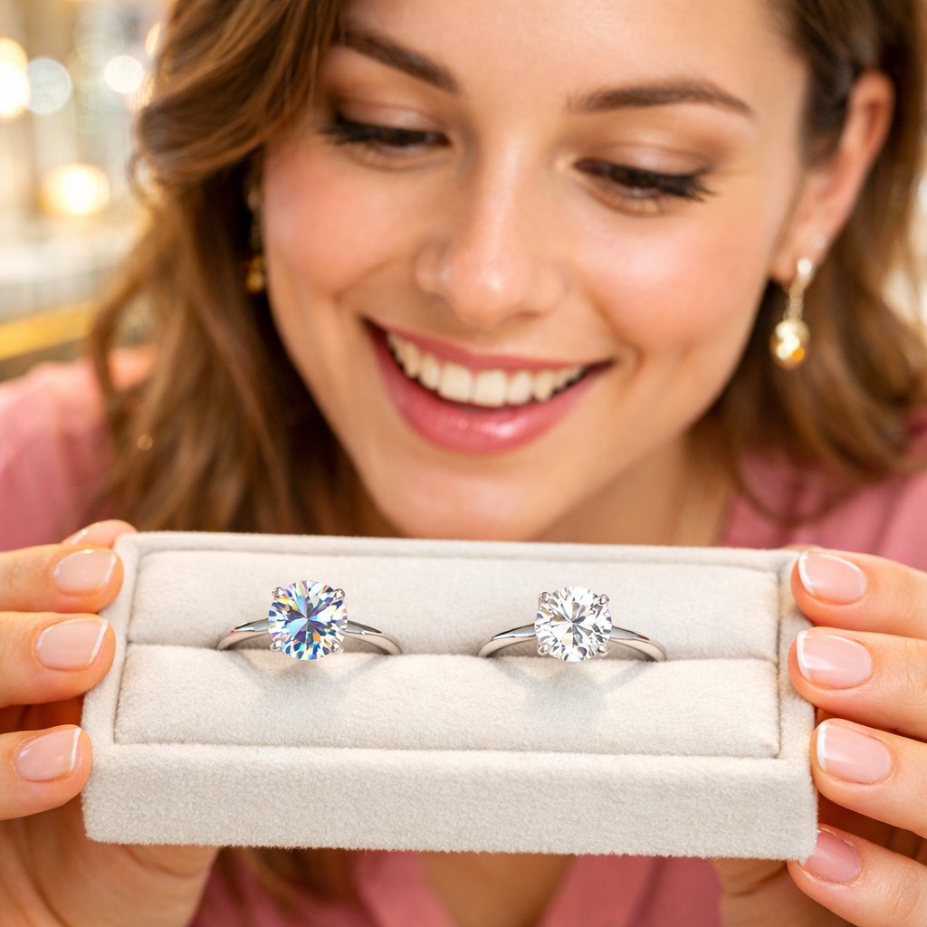 Close-up comparison of a moissanite ring and a diamond ring sparkling under light