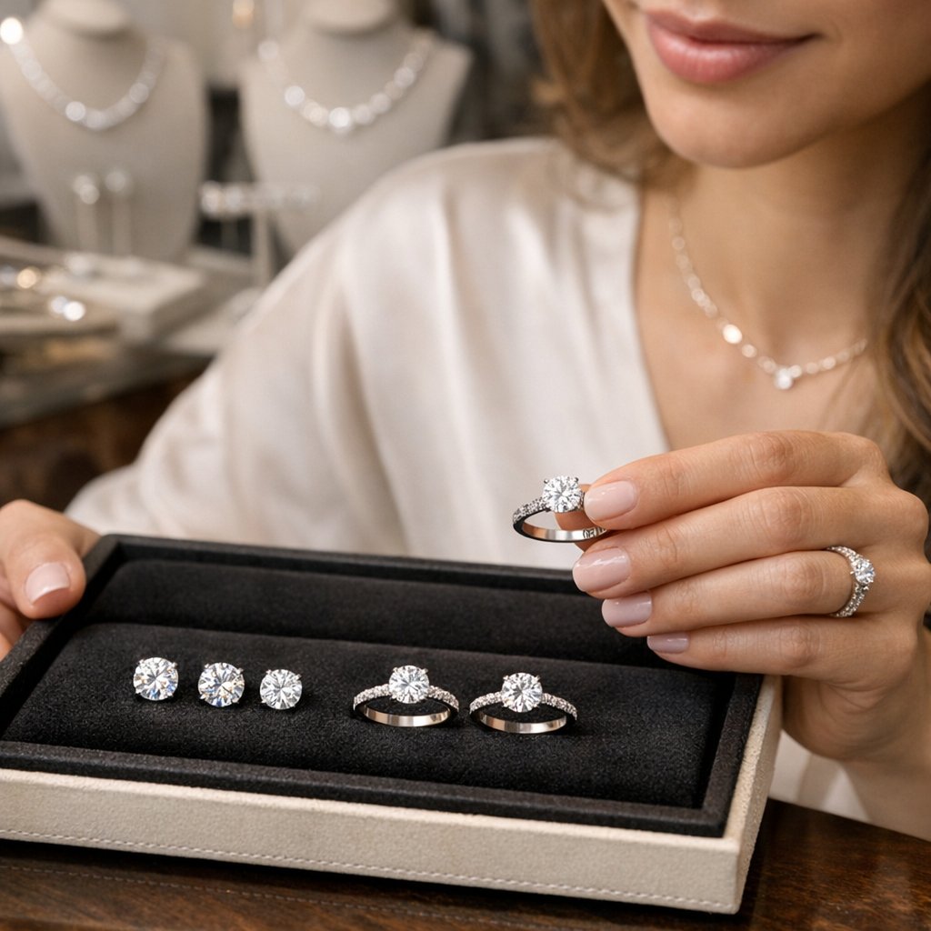 Close up comparison of a sparkling Moissanite gemstone next to a brilliant cut Diamond showing different rainbow light reflections.