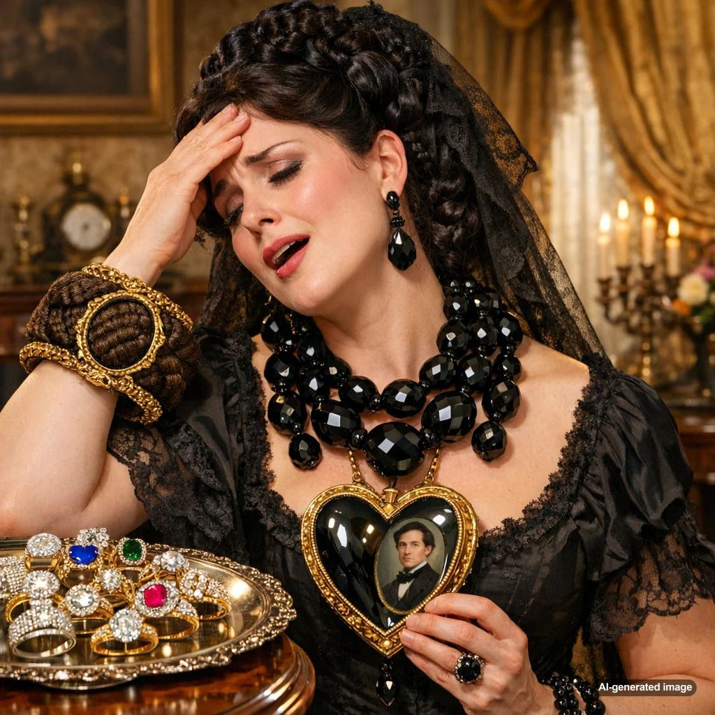A collection of antique Victorian mourning jewelry featuring a black jet cameo brooch, a woven hair bracelet under glass, and a locket with symbolic urn and willow tree engravings, displayed on a dark velvet background.
