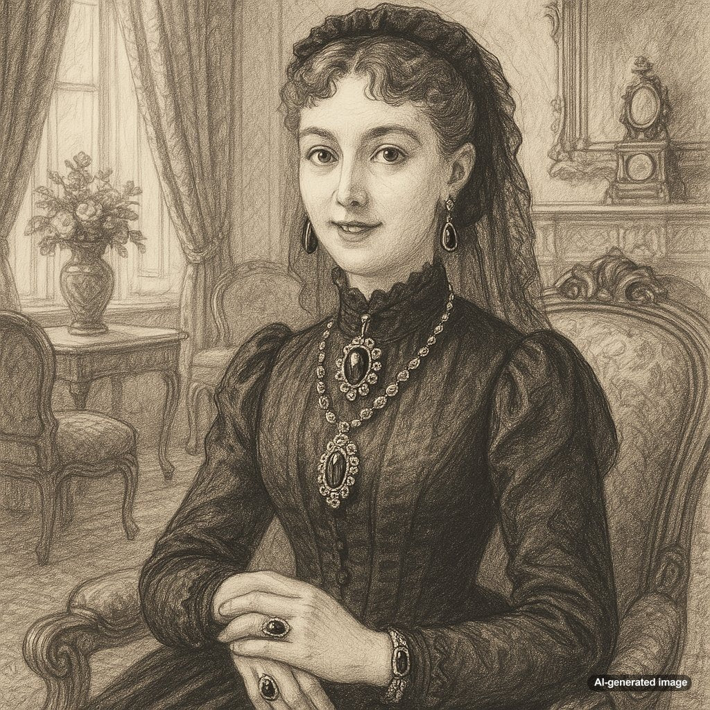 Victorian mourning jewelry collection featuring black jet pieces, hairwork, and symbolic motifs