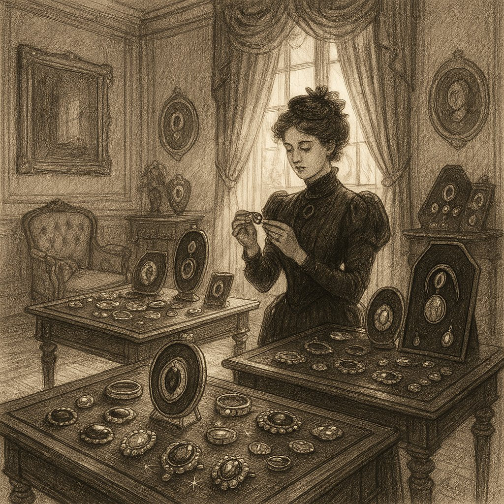 Close-up of an intricate Victorian mourning brooch featuring black jet and gold with a woven hair compartment under glass.