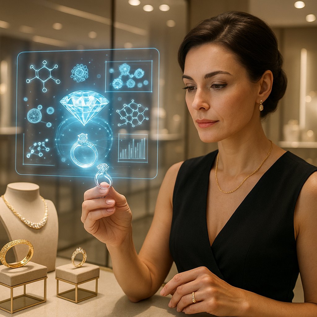 Close-up of nanotechnology-enhanced jewelry showcasing futuristic designs with smart capabilities