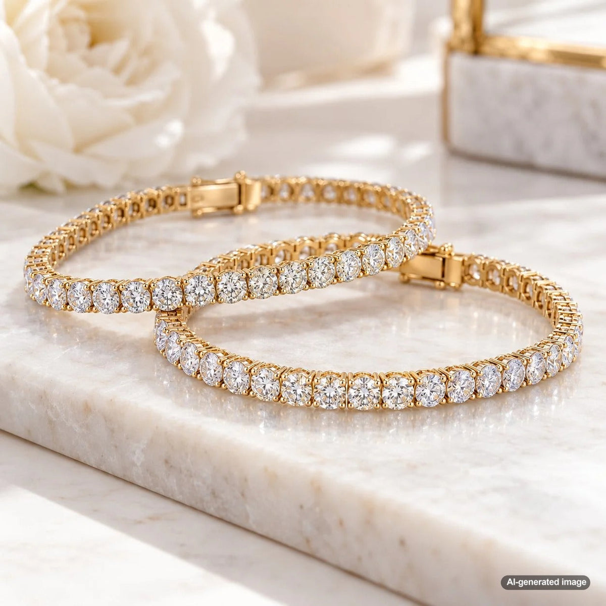 Natural diamond and laboratory-grown diamond tennis bracelets showing sparkling diamonds in elegant fine jewelry settings