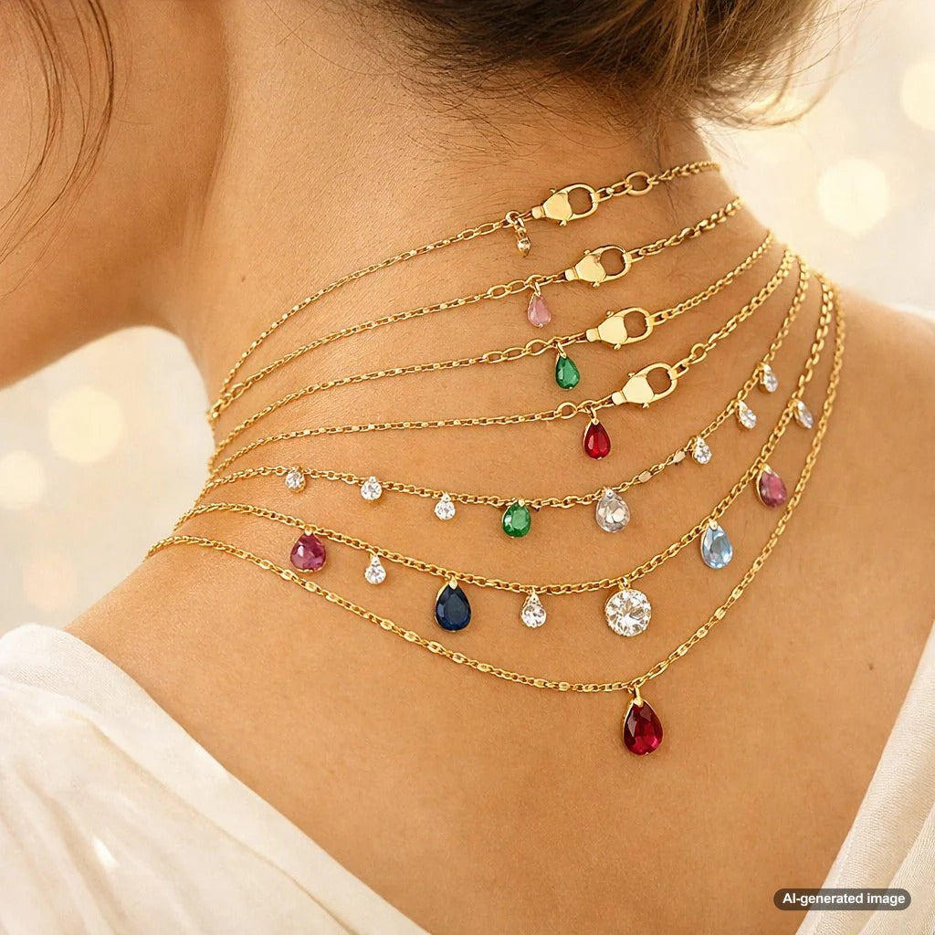 A beautifully layered necklace stack featuring gold and silver chains of varying lengths and pendants, demonstrating perfect spacing on a person.