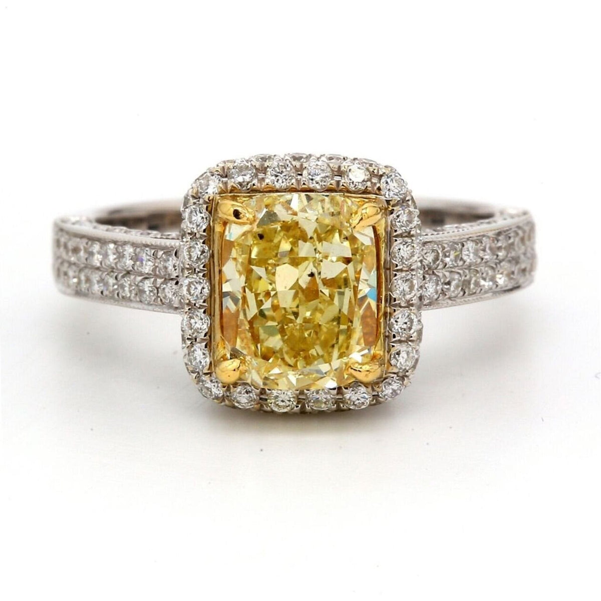 Ninacci 18K White Gold Halo Ring with GIA Certified Fancy Yellow Cushion Cut Diamond