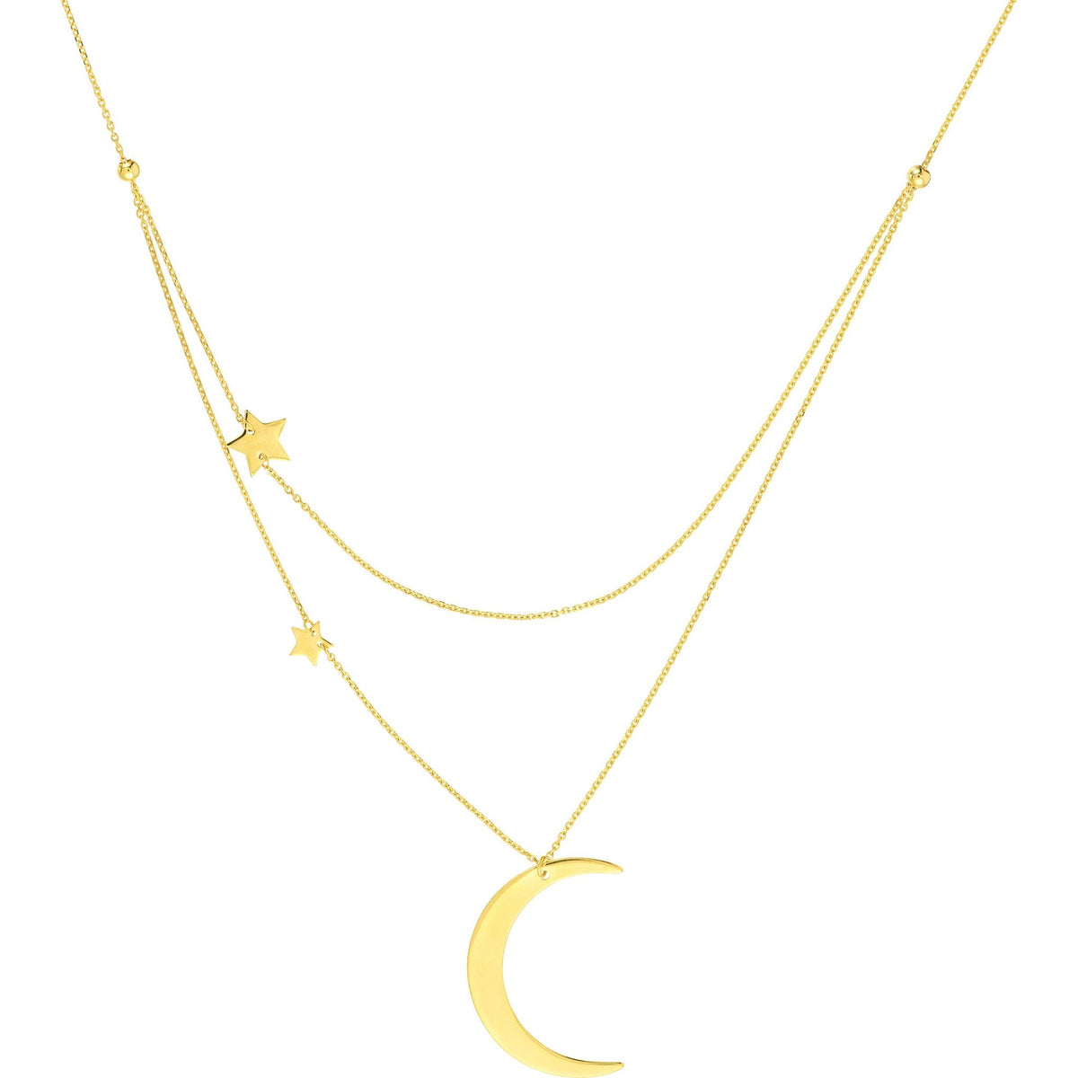 18k Yellow Gold Crescent Moon Necklace with Star Stations