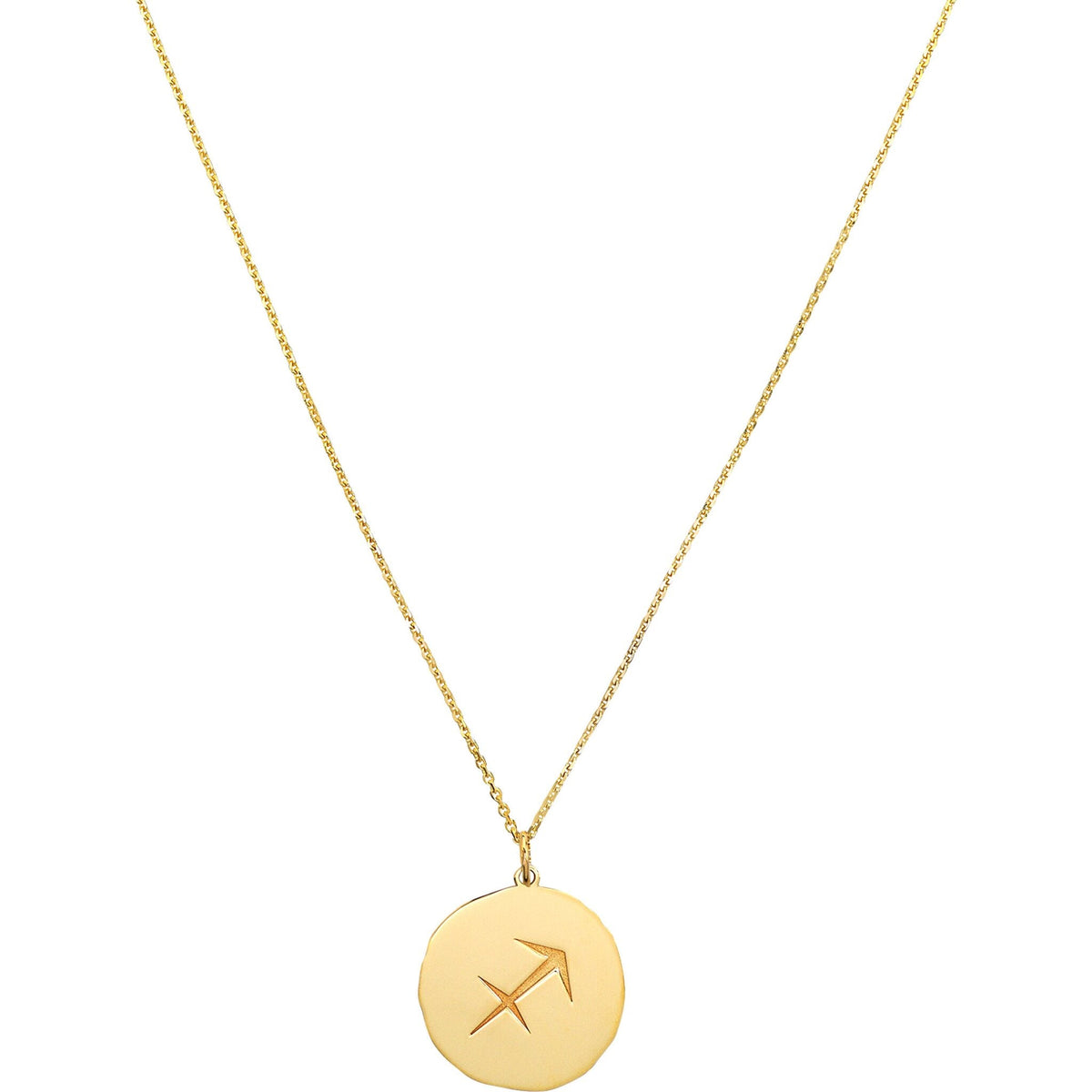 Olas d'Oro 18-inch 14K yellow gold Sagittarius zodiac pendant necklace with organic disc design