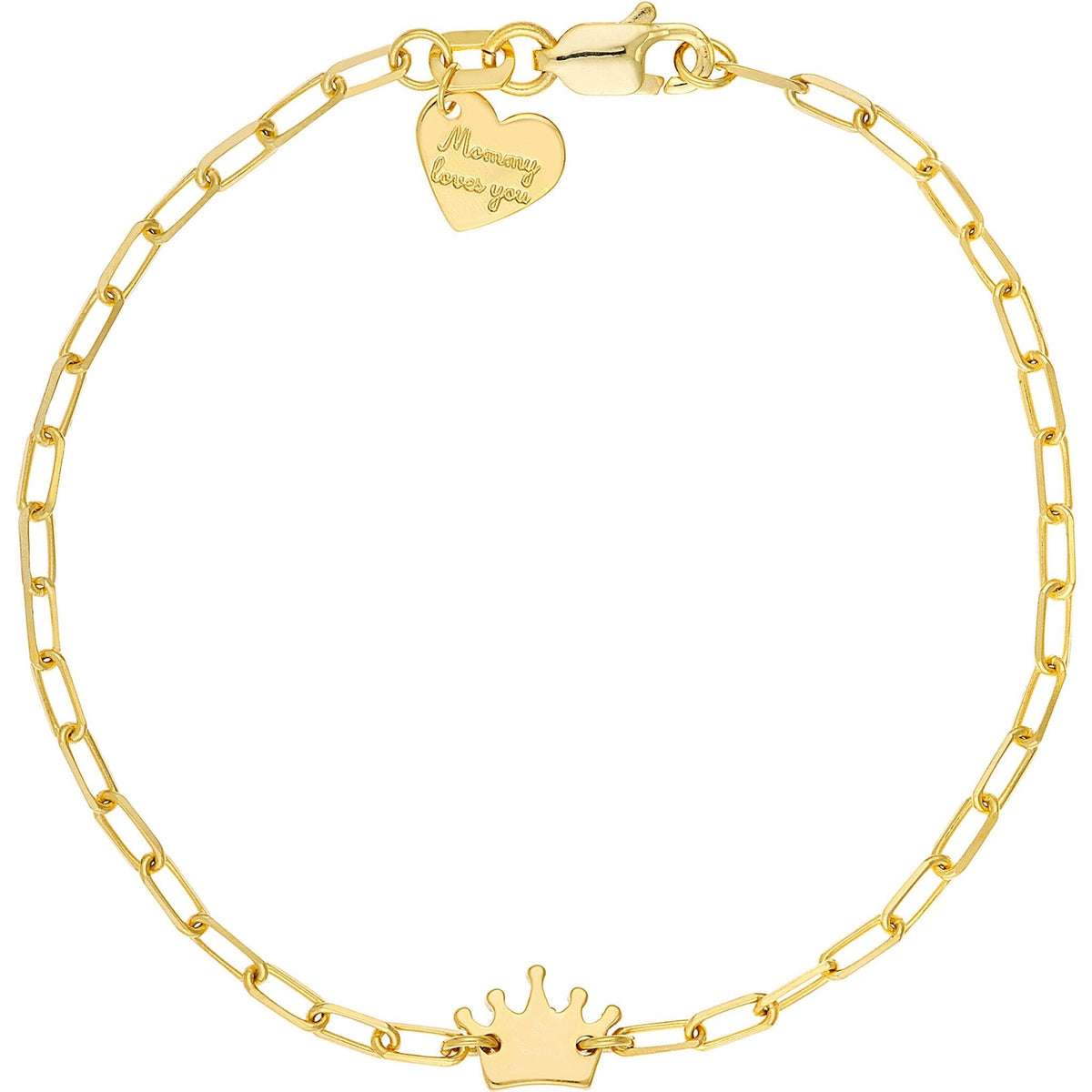 Olas d'Oro 14K yellow gold paper clip chain bracelet with crown charm for kids