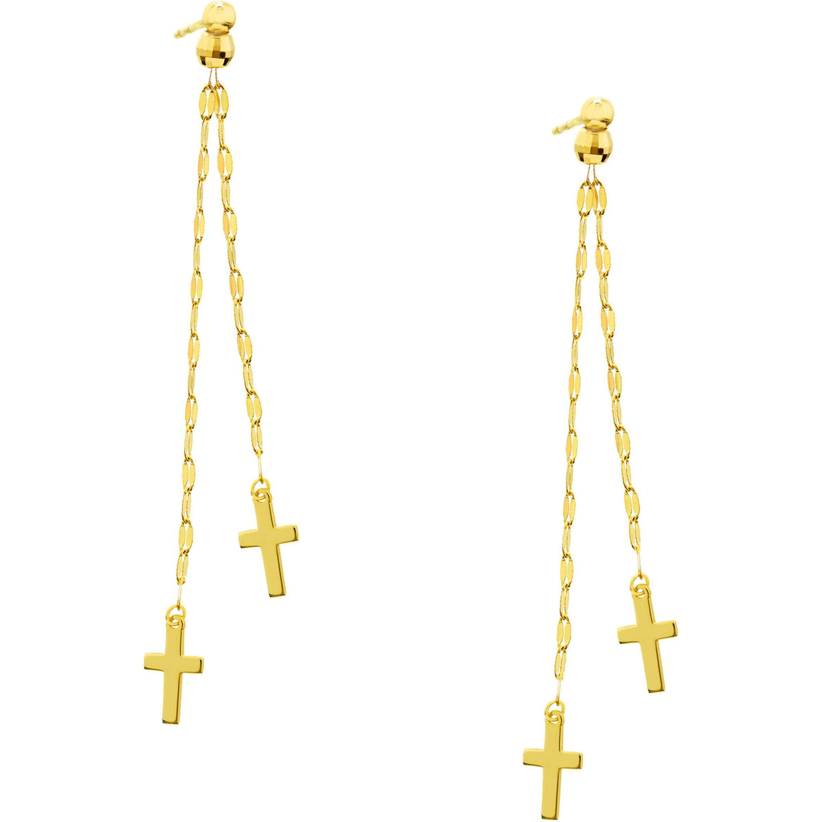 Olas d'Oro 14K Yellow Gold Double Strand Cross Dangle Earrings - Elegant Religious Jewelry