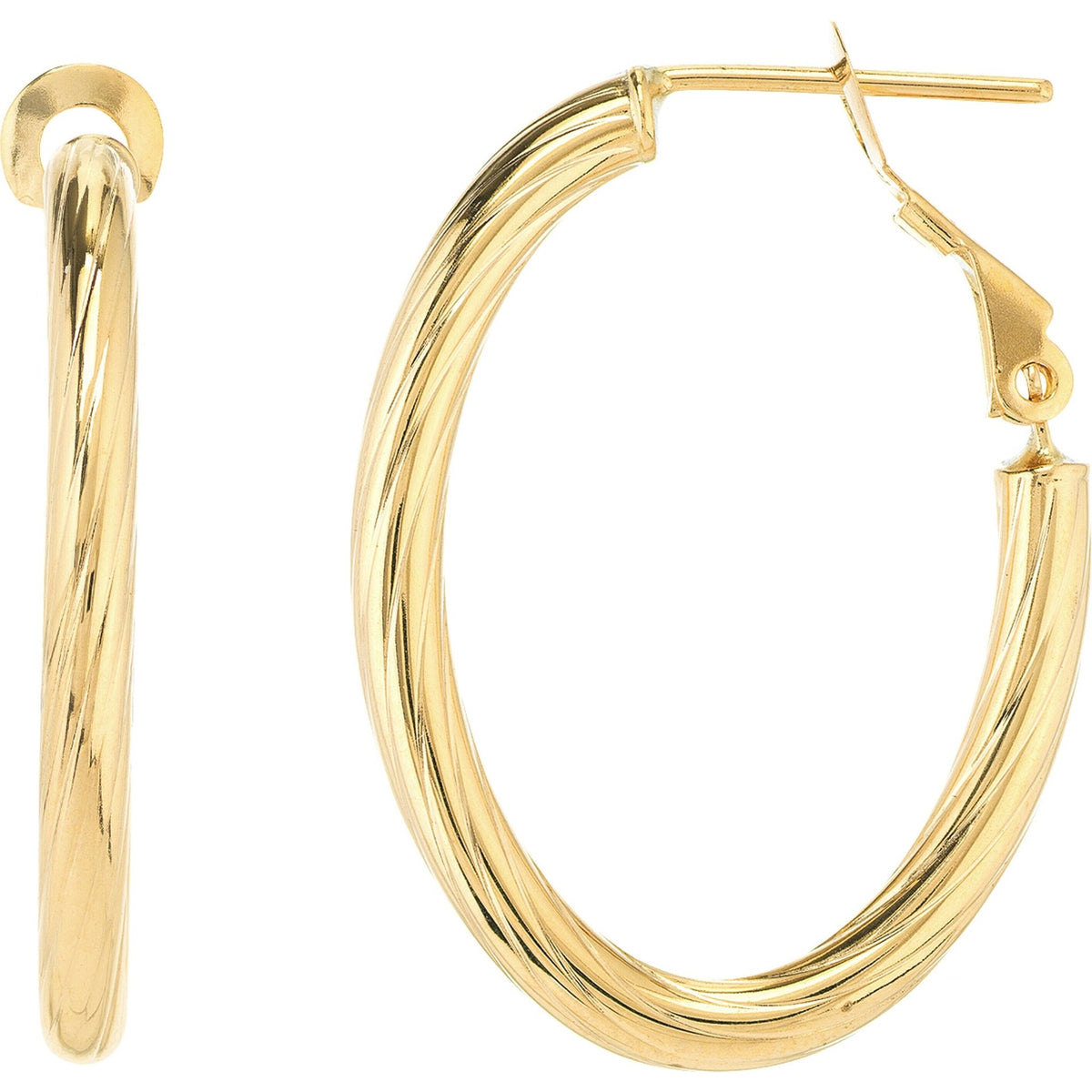 14k yellow gold twisted tube oval hoop earrings with omega clip by Olas d'Oro