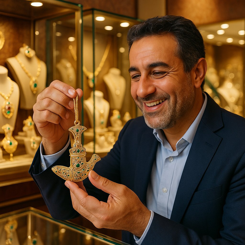 Elegant Omani Khanjar dagger pendant necklace in gold with intricate detailing