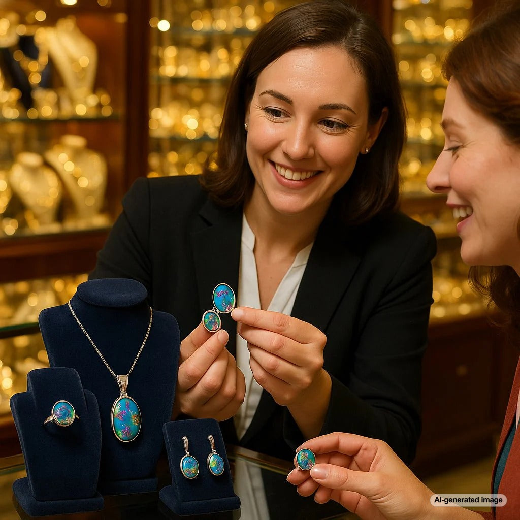 Close up comparison of opal doublet and triplet jewelry showing the layered construction