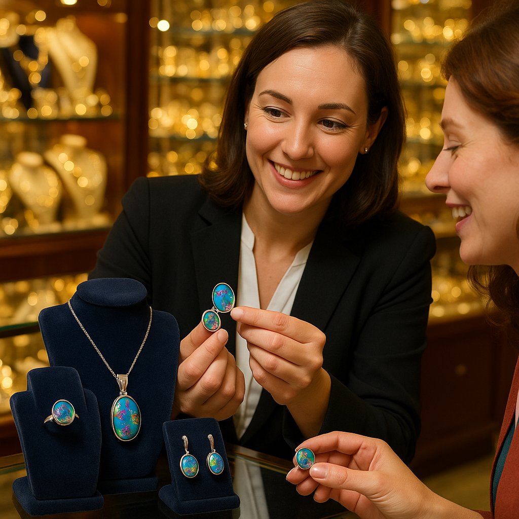Close up comparison of opal doublet and triplet jewelry showing the layered construction