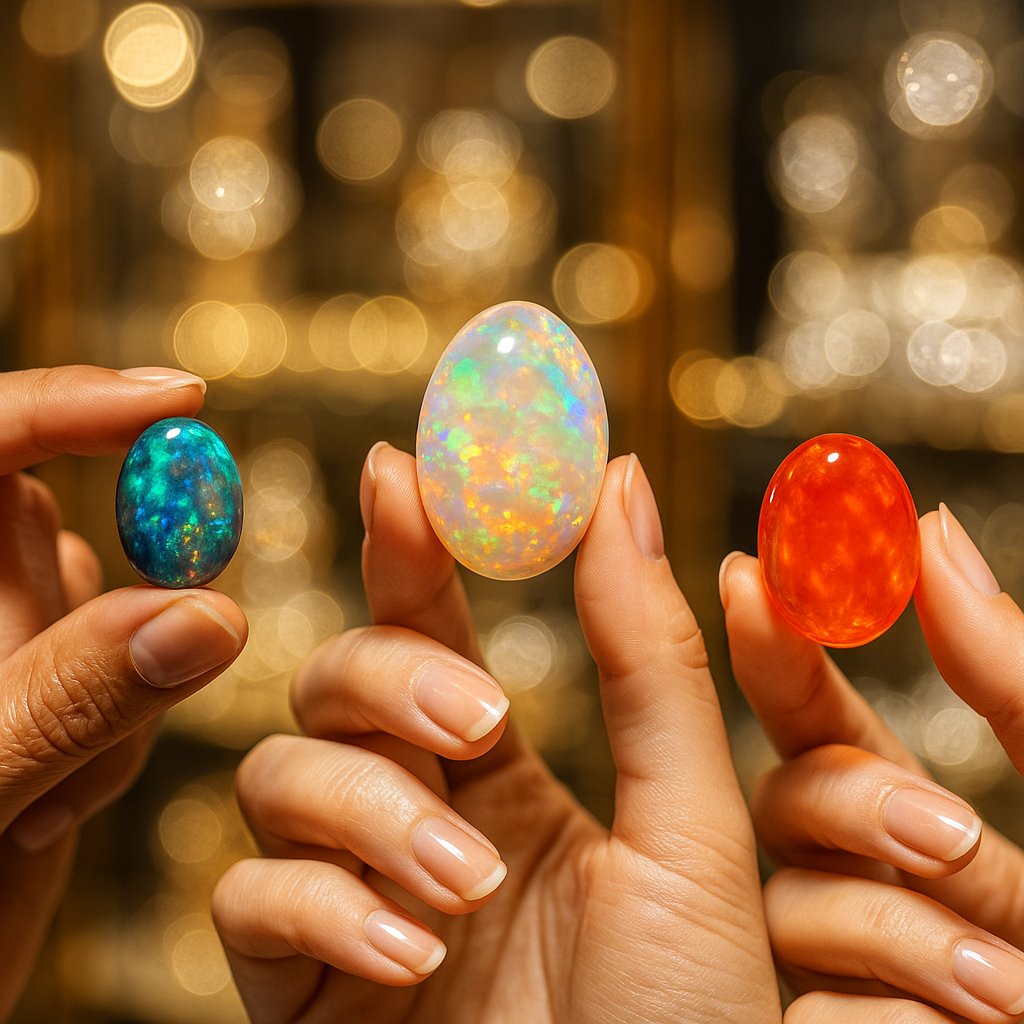 Australian, Ethiopian, and fire opals displayed together showing their unique color patterns and characteristics