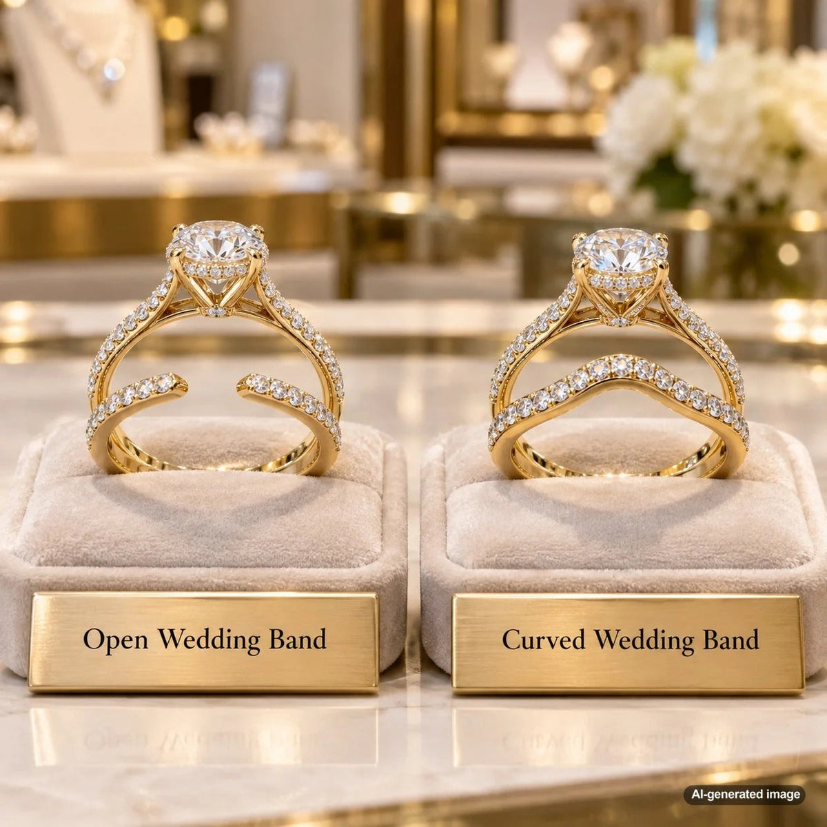 Open wedding band and curved wedding band styled with a non-flush engagement ring