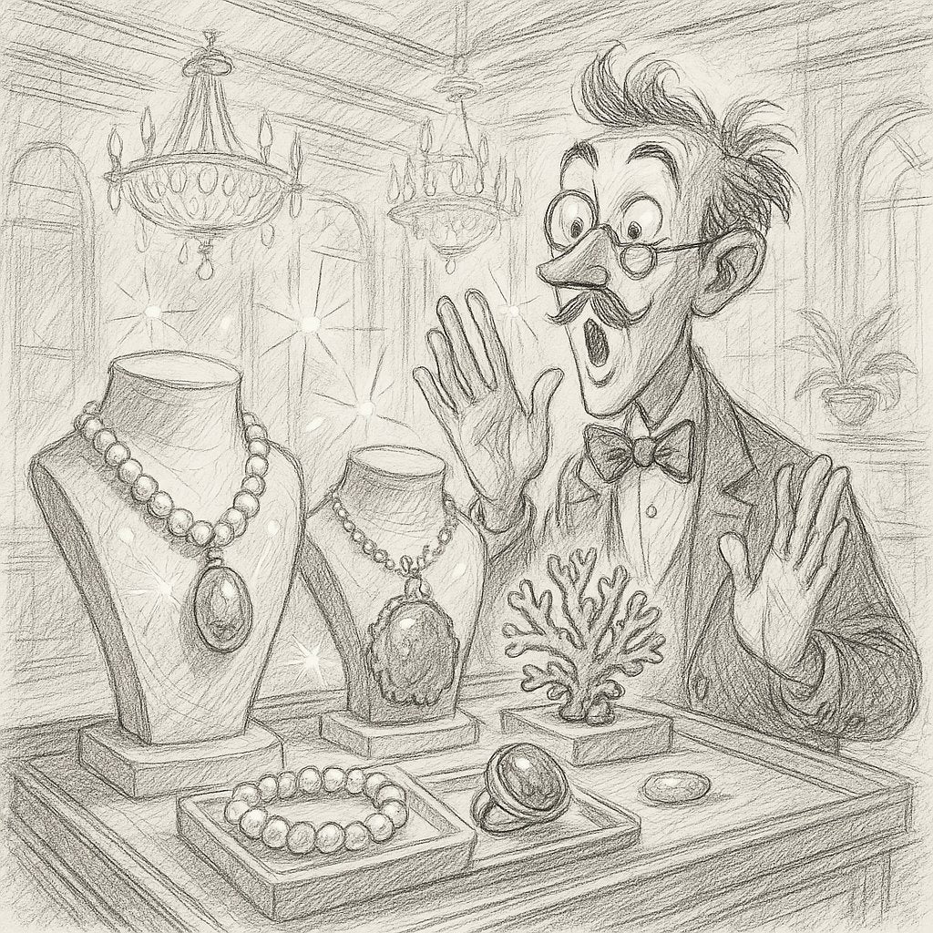 Organic gems including pearls, amber, and coral displayed in elegant jewelry settings