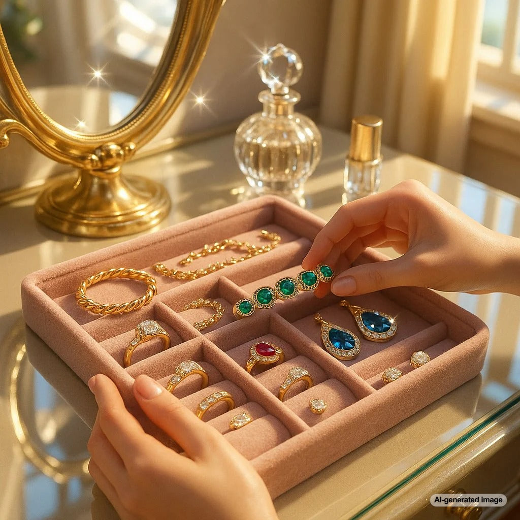 A beautifully organized jewelry collection with rings, necklaces, and earrings displayed elegantly