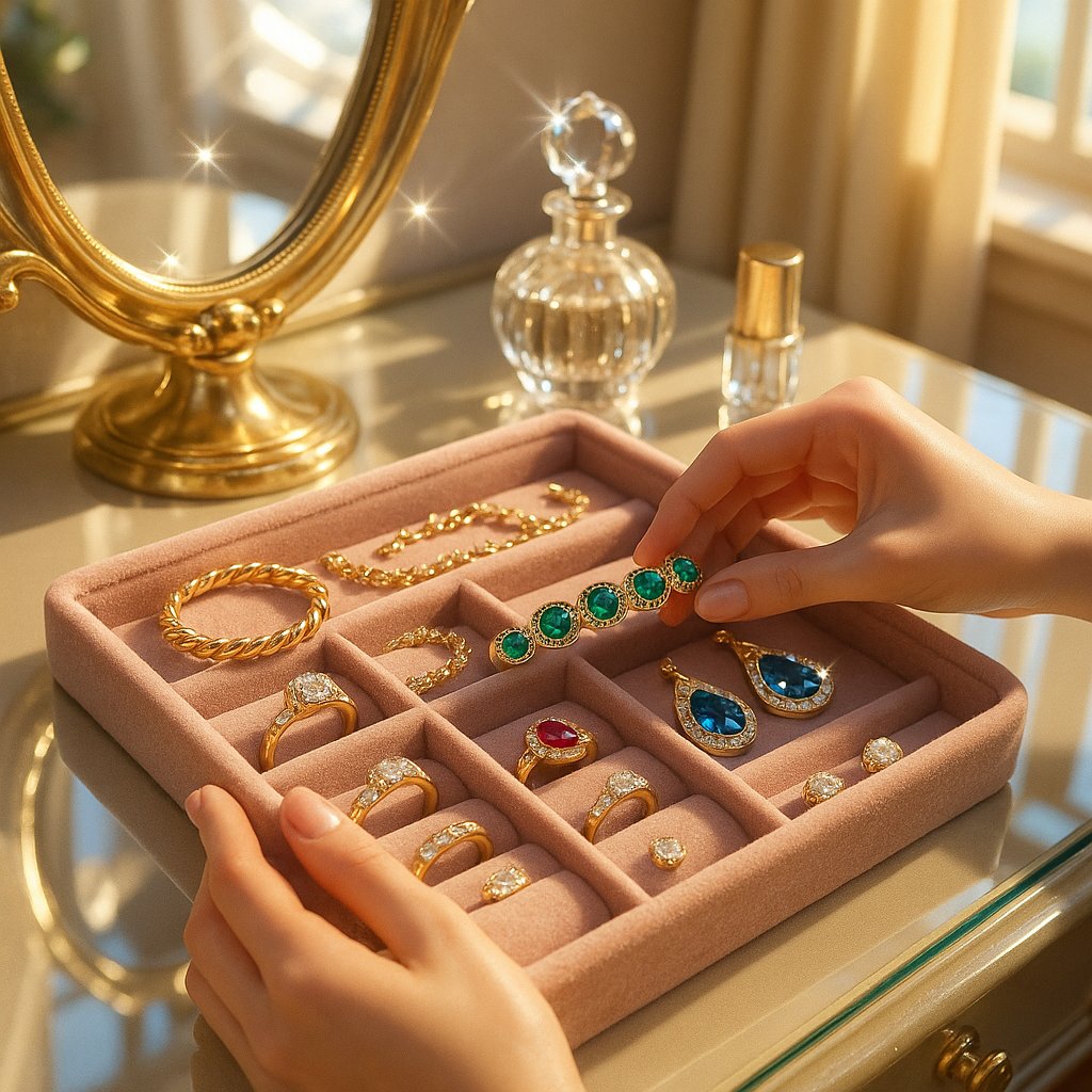 A beautifully organized jewelry collection with rings, necklaces, and earrings displayed elegantly