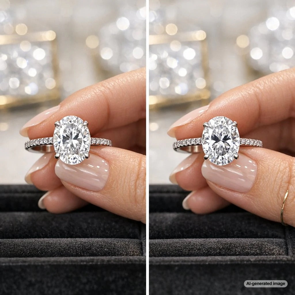 Close-up side-by-side comparison of two oval diamonds, one with a subtle acceptable bow-tie effect and one with a prominent dark bow-tie to reject.