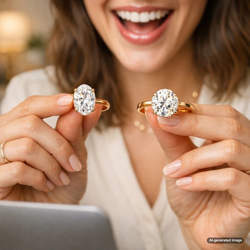 Close-up comparison of an oval diamond ring and a round brilliant diamond ring sparkling under light
