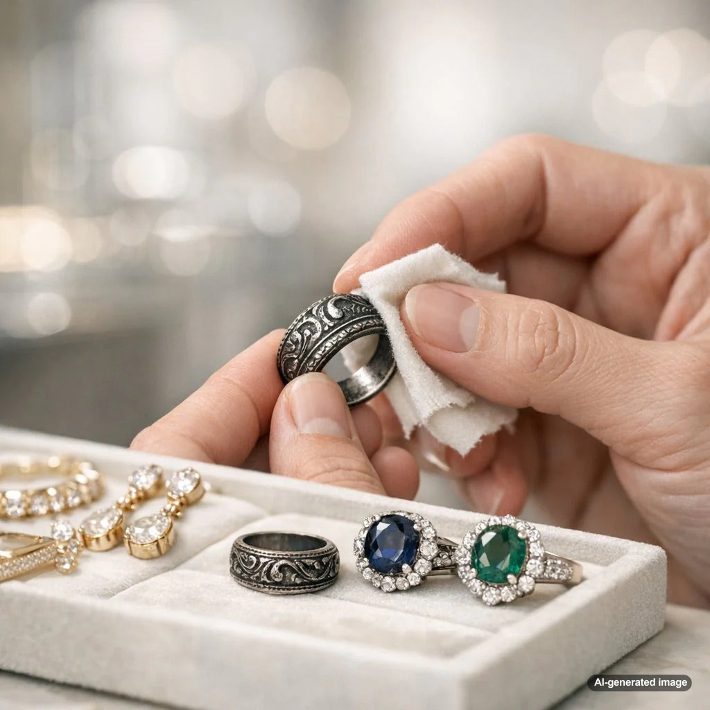 Close-up of an ornate oxidized silver ring with dark antique finish highlighting intricate floral details and gemstone settings
