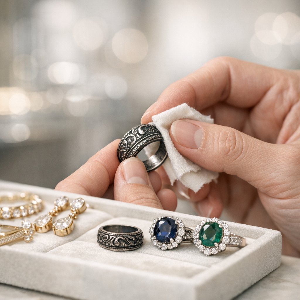 Close-up of an ornate oxidized silver ring with dark antique finish highlighting intricate floral details and gemstone settings
