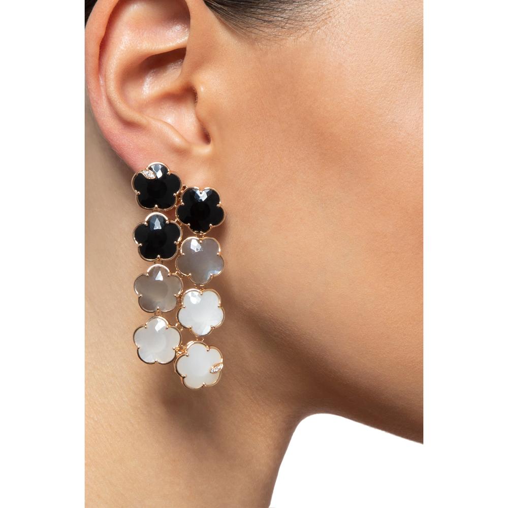 Pasquale Bruni Petit Joli Bouquet Lunaire Chandelier Earrings in 18K Rose Gold with Grey and White Moonstone, Onyx, and White Diamonds