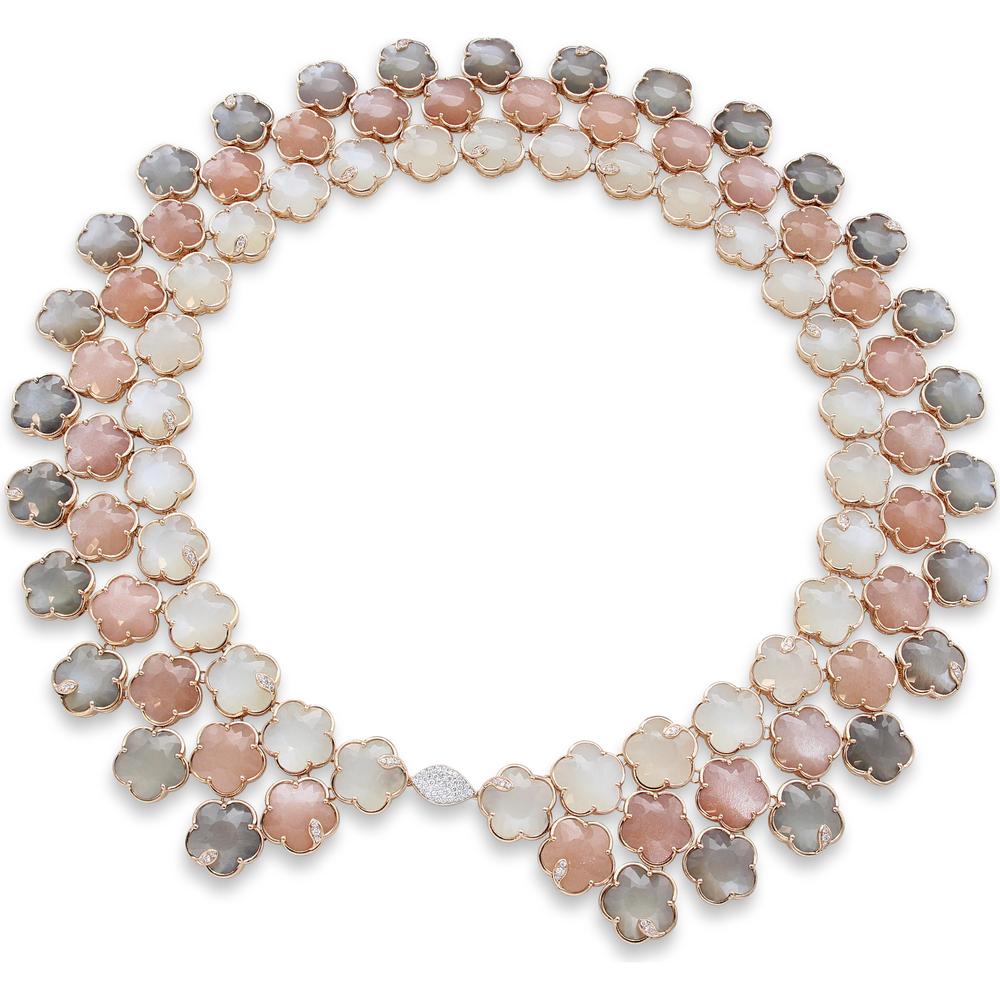 A stunning Pasquale Bruni necklace featuring grey, white, and pink moonstone set in 18K rose gold with white diamonds.